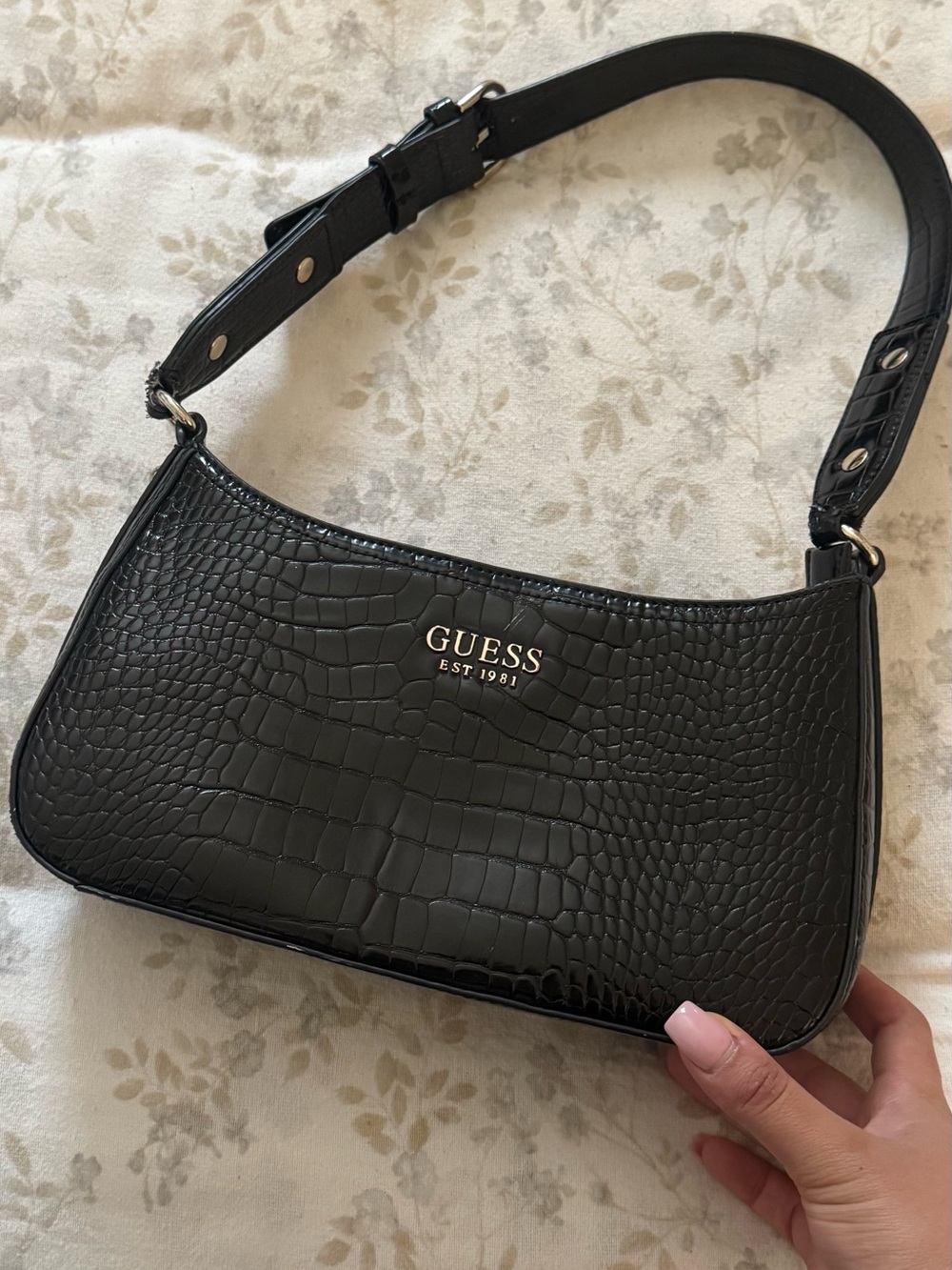 GUESS Black Croc-Embossed Shoulder Bag with Gold Logo